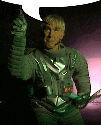 a man in a space suit has a speech bubble behind him