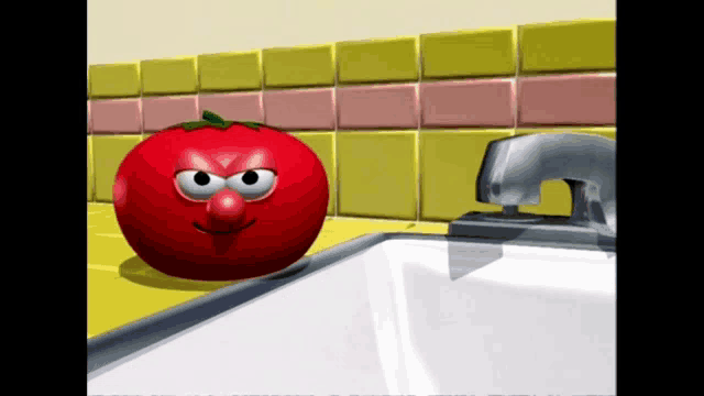 a cartoon tomato is standing next to a sink with a faucet