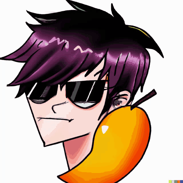 a drawing of a boy with sunglasses and a mango