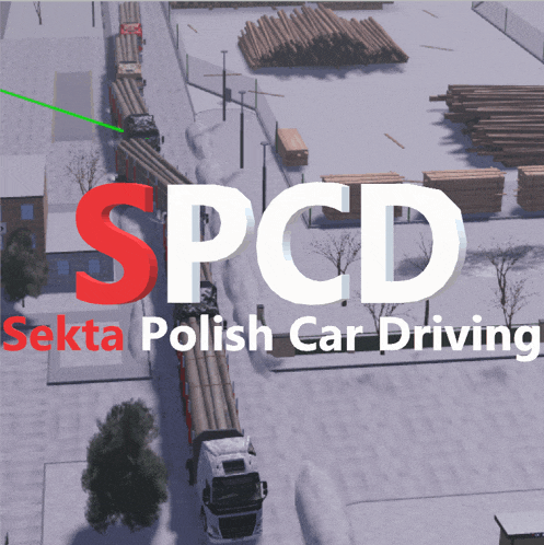 a poster for spcd sekta polish car driving shows a truck driving down a snowy road