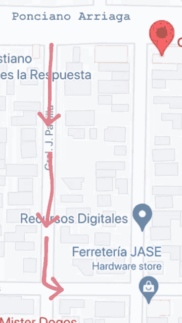 a map with a red arrow pointing to recursos digitales and ferreteria jase hardware store