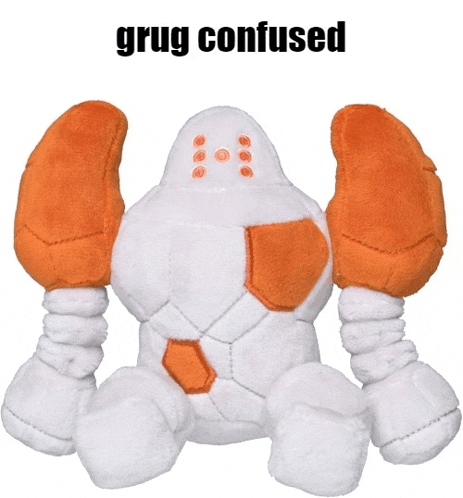 a stuffed animal with the word grug confused on the bottom