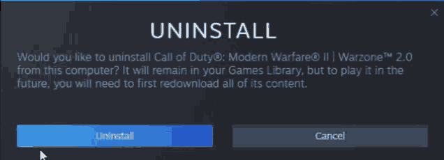 a screen asking if you would like to uninstall call of duty modern warfare