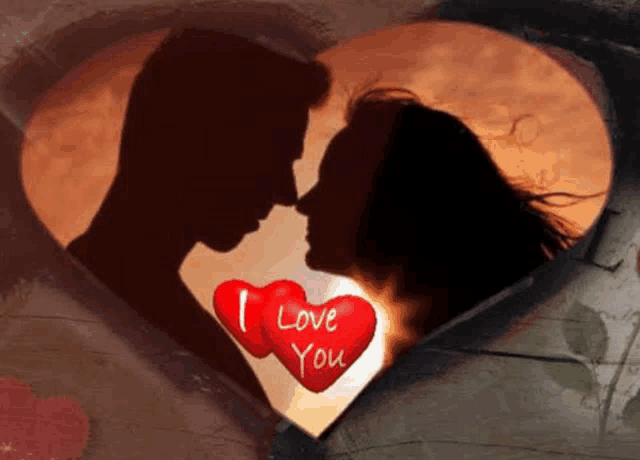 a silhouette of a man and a woman with two red hearts that say " i love you "