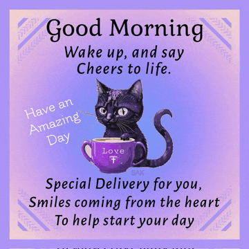 a black cat is holding a purple cup of coffee and says good morning