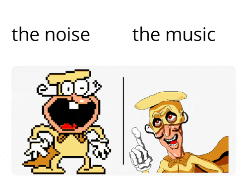 a picture of a cartoon character with the words the noise and the music