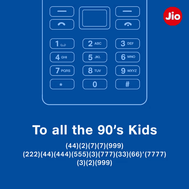 an advertisement for jio shows a phone with a blue background and the words " to all the 90 's kids "