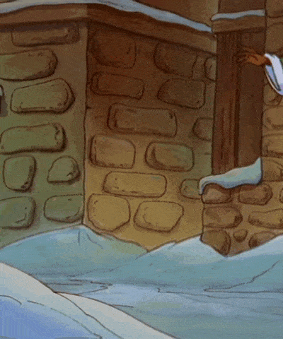 a cartoon drawing of a brick wall with snow on the ground