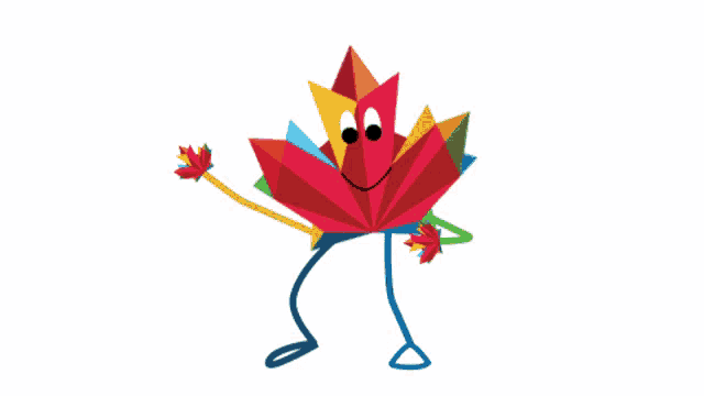 a cartoon drawing of a maple leaf with blue legs