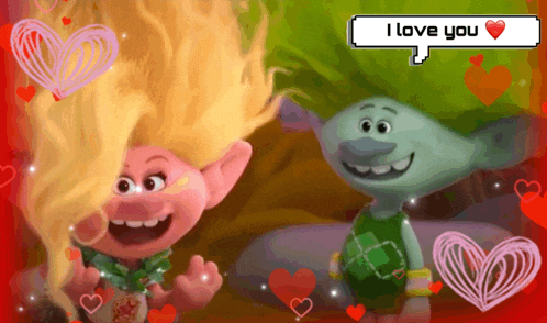 a troll says i love you in a pixelated speech bubble