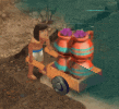 a cartoon character is pushing a cart with a bunch of containers on it .