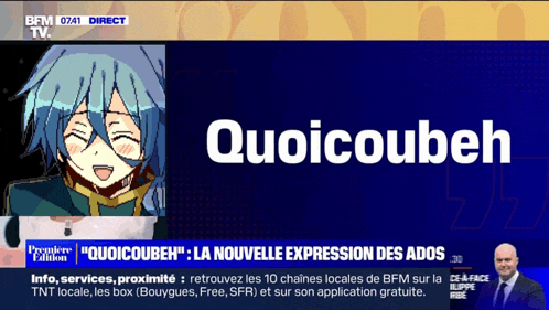 a bfm tv screen shows a picture of a girl and the words " quoicoubeh " on it