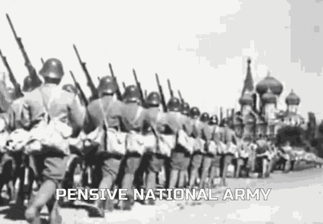 a black and white photo of a military parade with the words pensive national army written in the corner .