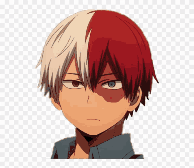 a boy with red and white hair has a blue eye