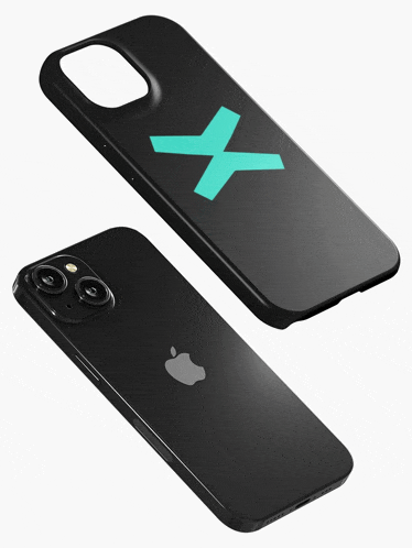 a black phone with a blue x on the back