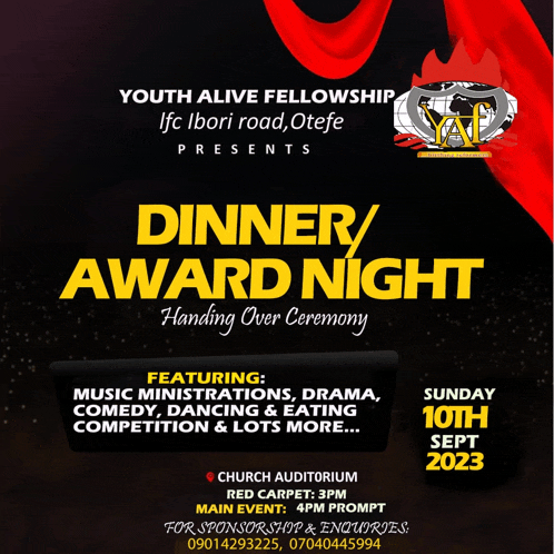 youth alive fellowship presents a dinner award night on september 10th