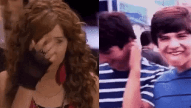 a girl with curly hair is covering her face next to a boy with a striped shirt