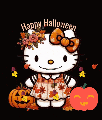 hello kitty with pumpkins and leaves and the words happy halloween on the bottom