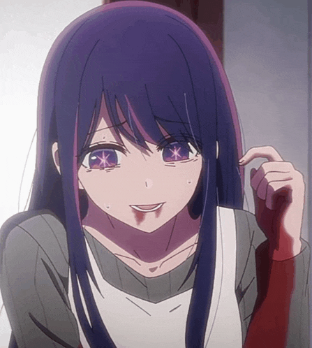 a girl with purple hair and red eyes is smiling