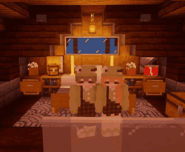 a couple of minecraft characters standing next to each other on a bed