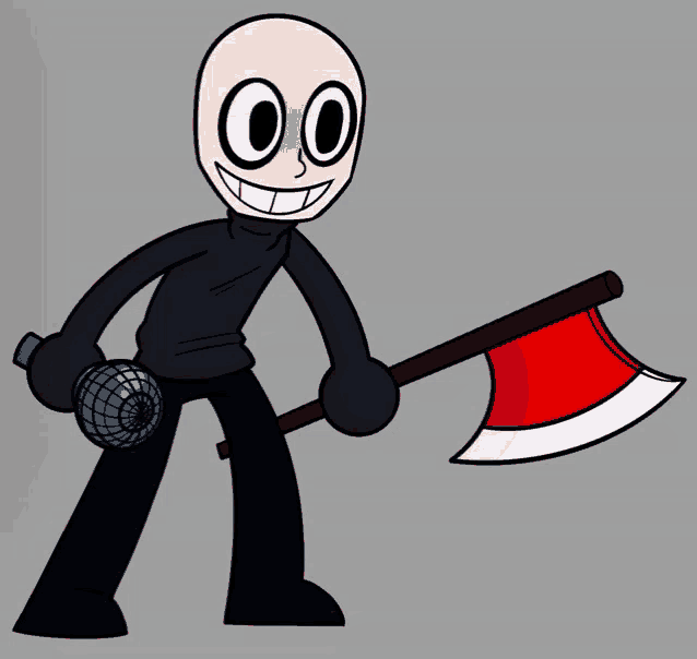 a cartoon character holding a red and white axe