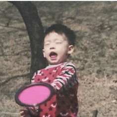 a little boy is holding a pink frisbee in his hand .