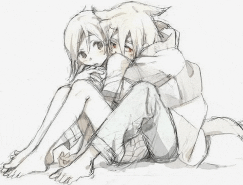 a black and white drawing of a boy and girl hugging