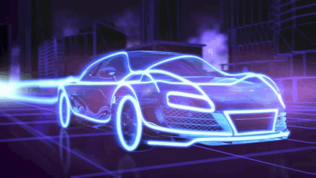 a futuristic car is glowing in the dark with a purple background