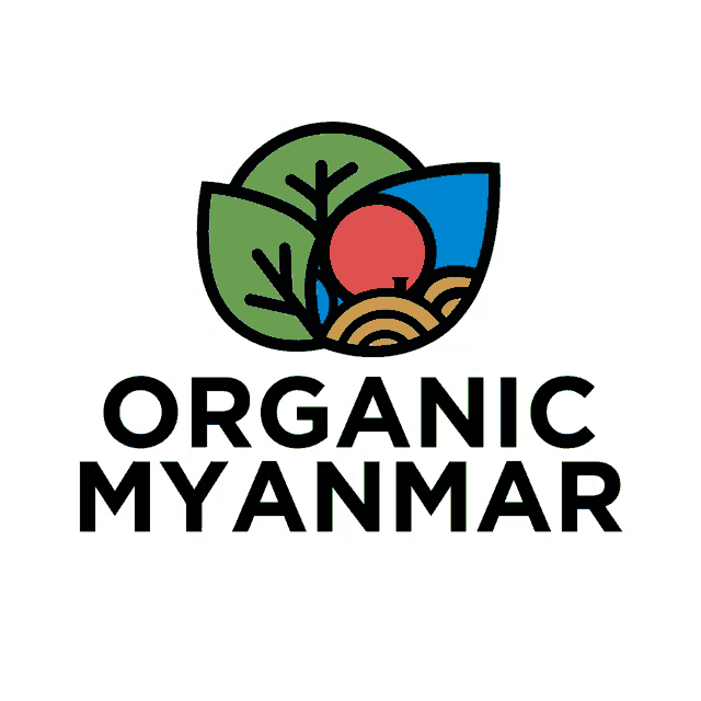 a logo for organic myanmar with a green leaf and a red sun