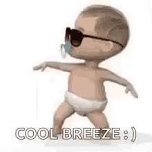 a baby wearing sunglasses and a diaper is dancing and saying `` cool breeze '' .