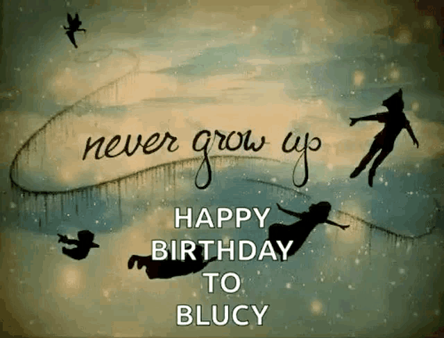 a happy birthday to blucy with a painting of peter pan and tinkerbell