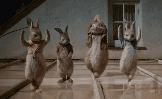 a group of four rabbits are dancing on a roof