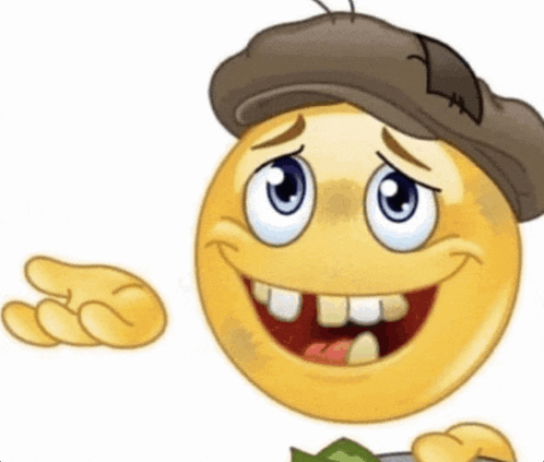 a cartoon smiley face wearing a brown hat and holding a dollar bill