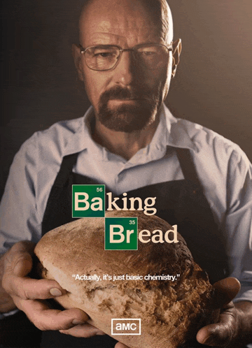 a man in an apron is holding a loaf of bread that says baking bread on it