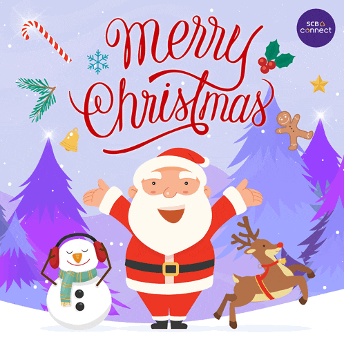 a christmas greeting card with santa and reindeer and the words merry christmas