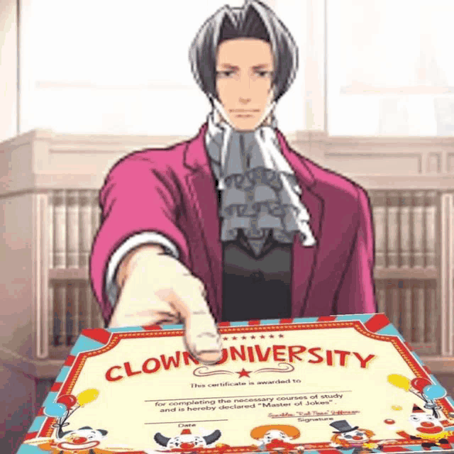 a man is holding a certificate that says clown university on it