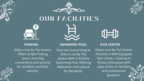 an advertisement for our facilities includes swimming pool parking and gym center