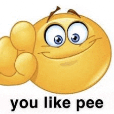 a yellow smiley face with big eyes is pointing at the camera and saying `` you like pee '' .