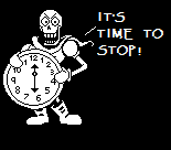 a pixel art of papyrus holding a clock that says it 's time to stop !