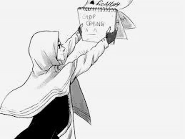 a black and white drawing of a girl in a hijab holding a sign that says `` stop crying '' .