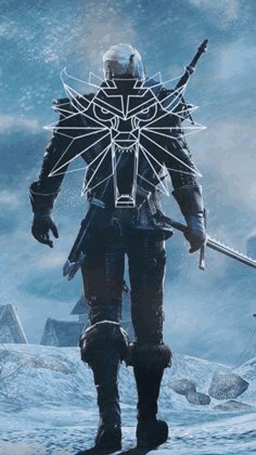 a man is standing in the snow holding a sword and a shield .