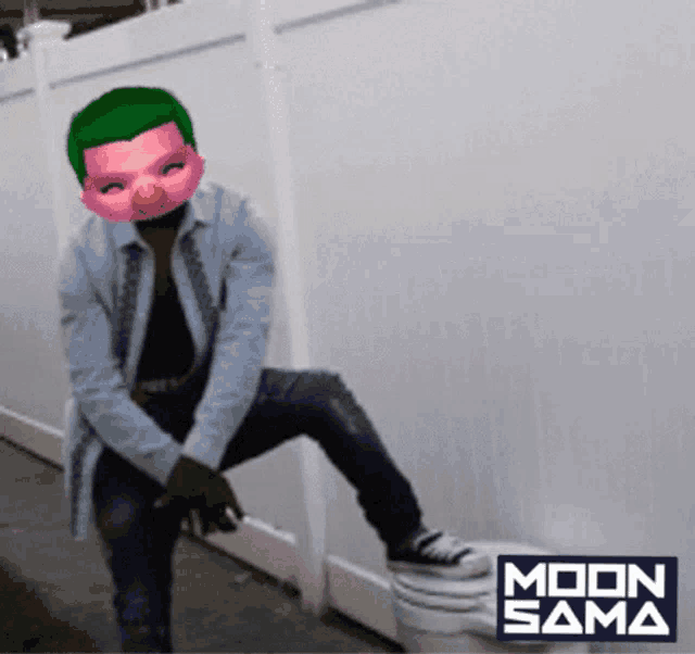 a man wearing a pink mask is sitting on a bucket in front of a white fence with moon sama written on the bottom