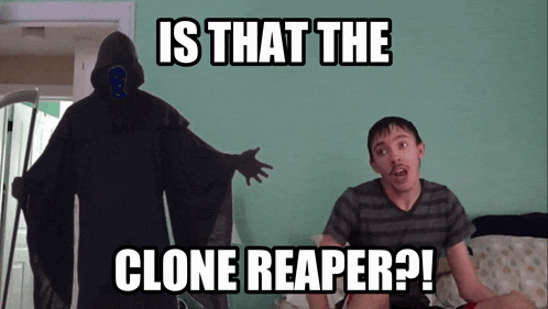 a man sitting on a bed with a grim reaper behind him that says " is that the clone reaper ? "