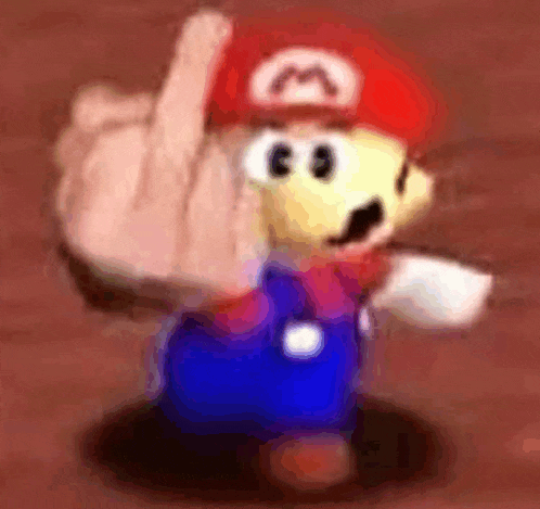 a close up of a mario giving the middle finger .