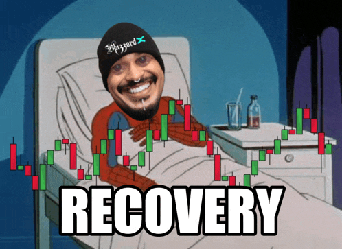 a cartoon of a man laying in a hospital bed with the word recovery on the bottom