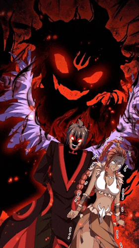 a man and a woman are standing in front of a demon with a face that looks like a devil