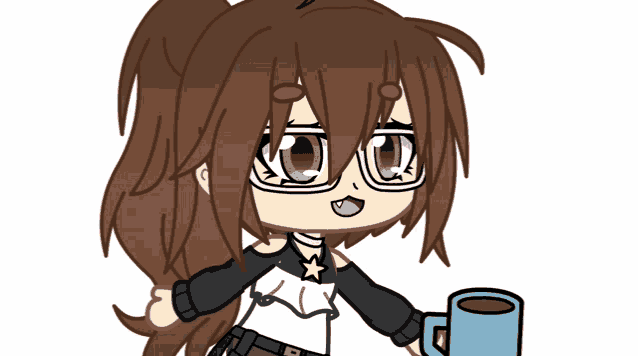 a girl with glasses and a star on her neck holds a cup of coffee