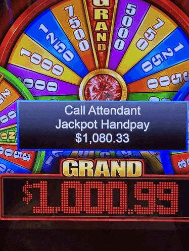 a colorful spinning wheel with a sign that says call attendant jackpot handpay $ 1,080.33