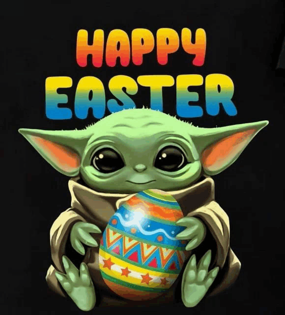 a baby yoda holding a decorated easter egg with the words happy easter below it