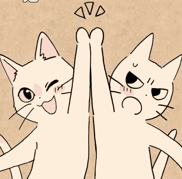 two cats are giving each other a high five